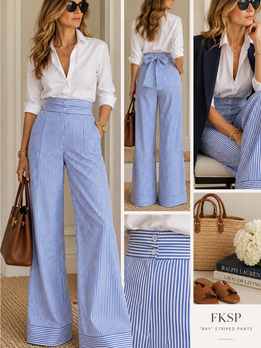 FKSP Bay Striped Wide-Leg Pants in Blue & White XXS